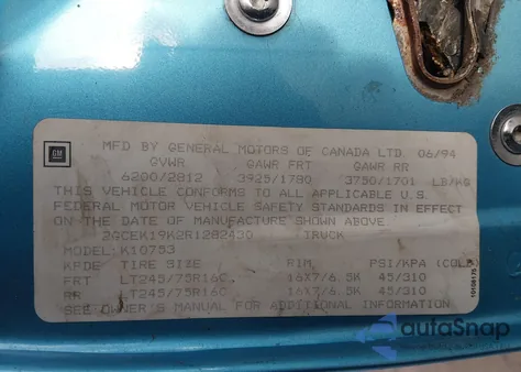 1994 Chevrolet Gmt-400 K1500 z USA, uszkodzony, nr VIN 2GCEK19K2R1282430